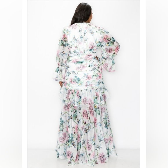 Floral two piece set, long puff sleeve top, and flowy maxi skirt. - Picture 2 of 9